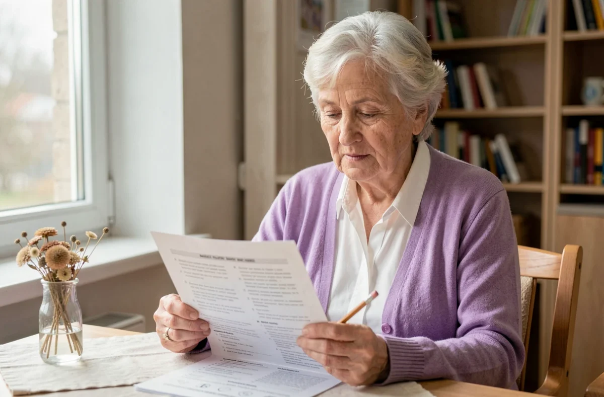 Femme âgée concentrée sur un questionnaire de quizz mémoire imprimé dans une salle de repos en EHPAD