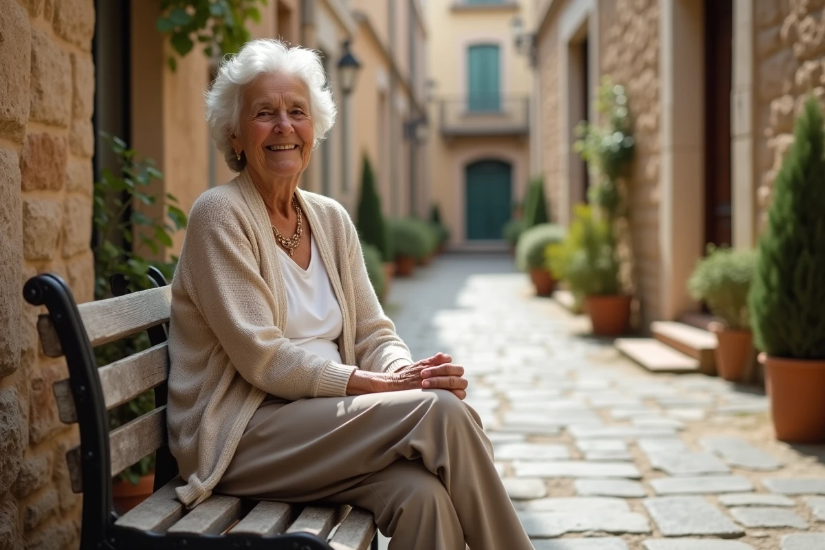 Seniorelle souriante assise sur un banc en village méditerranéen