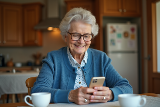Senioretreux souriant utilisant un smartphone dans la cuisine