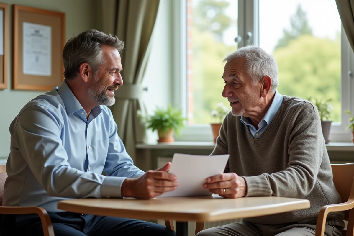 Travailleur social &eacute;coutant un senior dans une salle