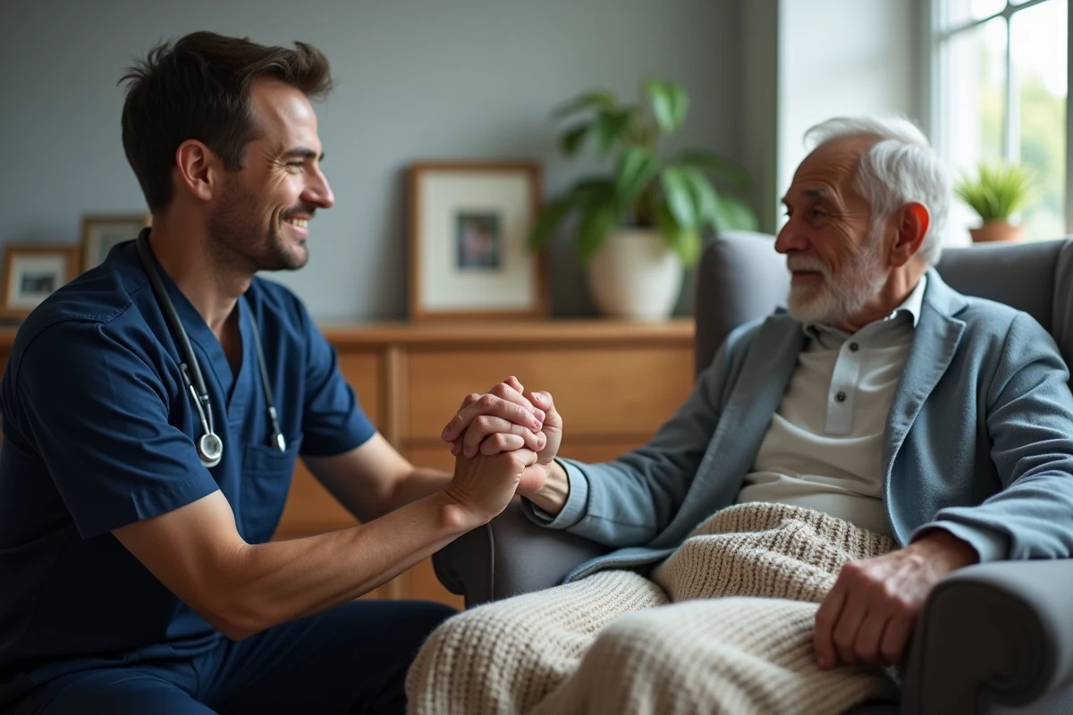 Soignant tenant la main d'une personne âgée en fin de vie dans une maison de retraite, geste de réconfort et accompagnement humain