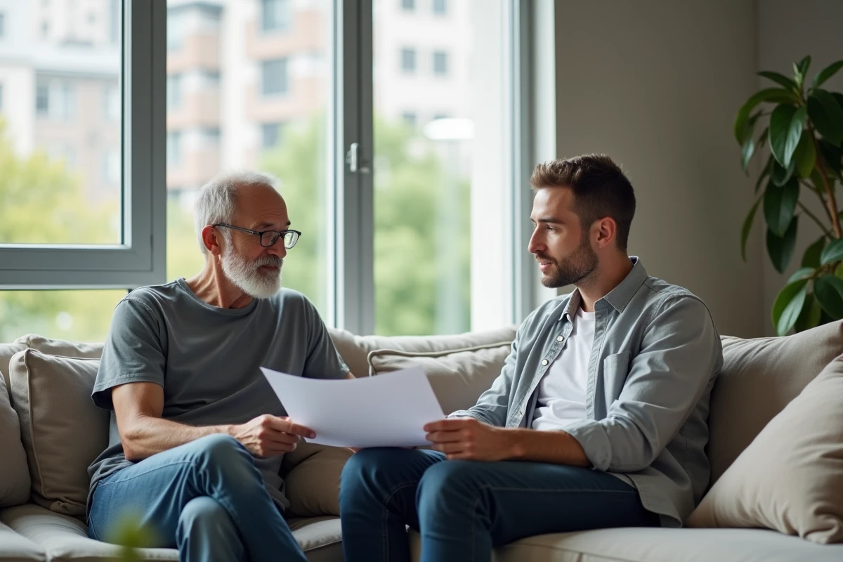 Jeune soignant discutant avec un senior dans un appartement moderne