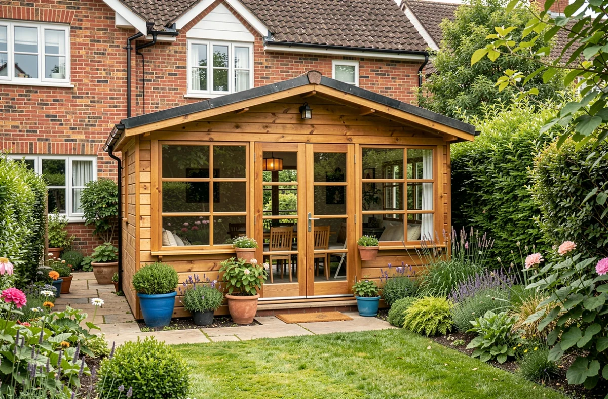 Studio de jardin en bois installé derrière une maison familiale