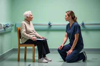 Physiothérapeute observant une patiente âgée assise lors d'une évaluation de l'équilibre par le test de Tinetti en cabinet de rééducation