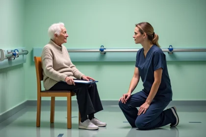 Physiothérapeute observant une patiente âgée assise lors d'une évaluation de l'équilibre par le test de Tinetti en cabinet de rééducation