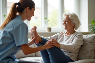 Therapeute aidant une personne agee avec des exercices de jambes