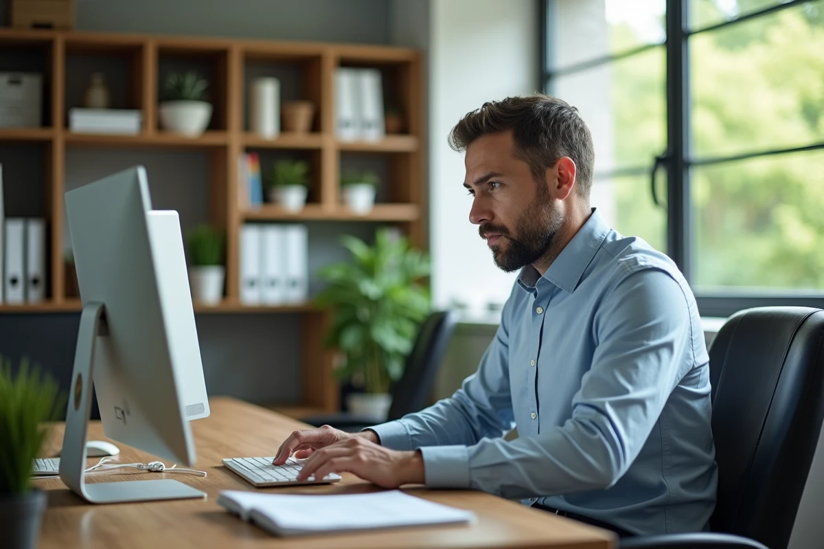Travailleur social saisissant des données dans un bureau