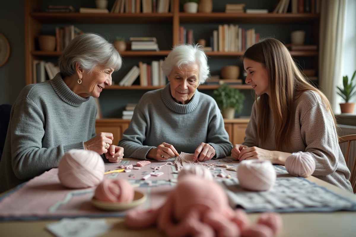 Trois générations de femmes réunies autour d'une table pour tricoter et crocheter ensemble, illustrant les loisirs créatifs comme activité familiale intergénérationnelle