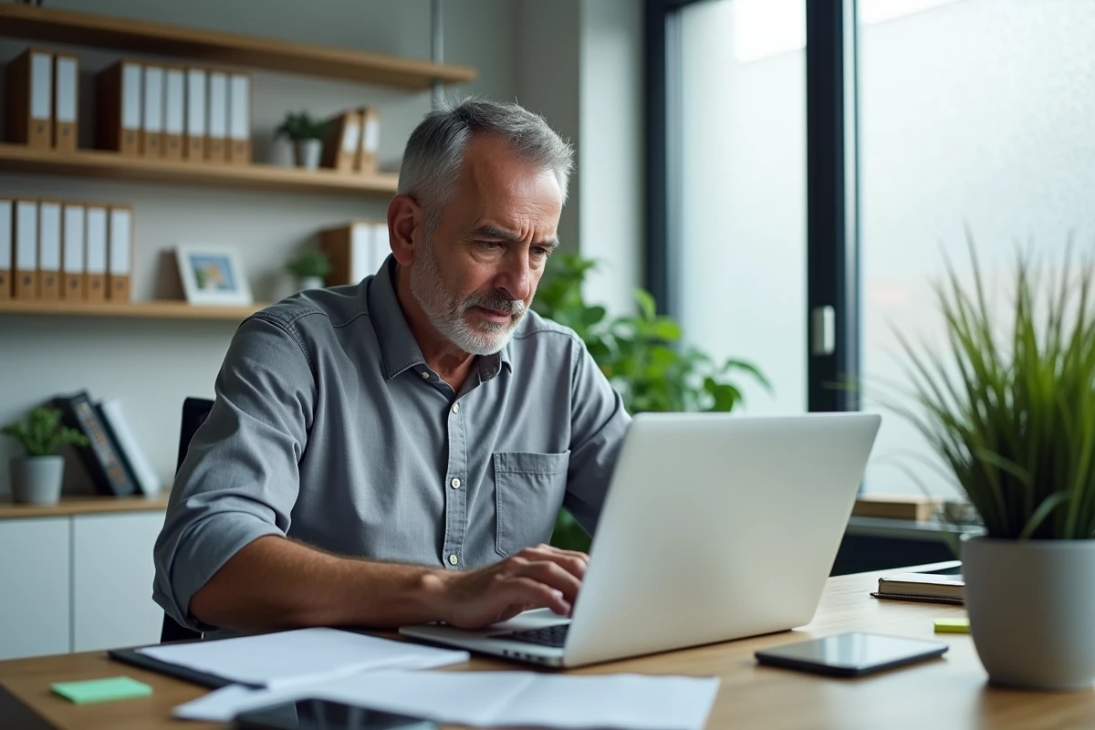 Tuteur légal gérant les démarches administratives de tutelle en ligne depuis son bureau à domicile