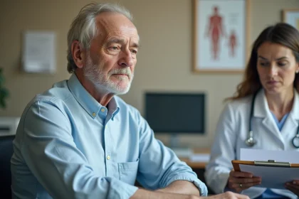 Un homme de plus de 70 ans lors d'une visite médicale pour le renouvellement de son permis de conduire face à une médecin