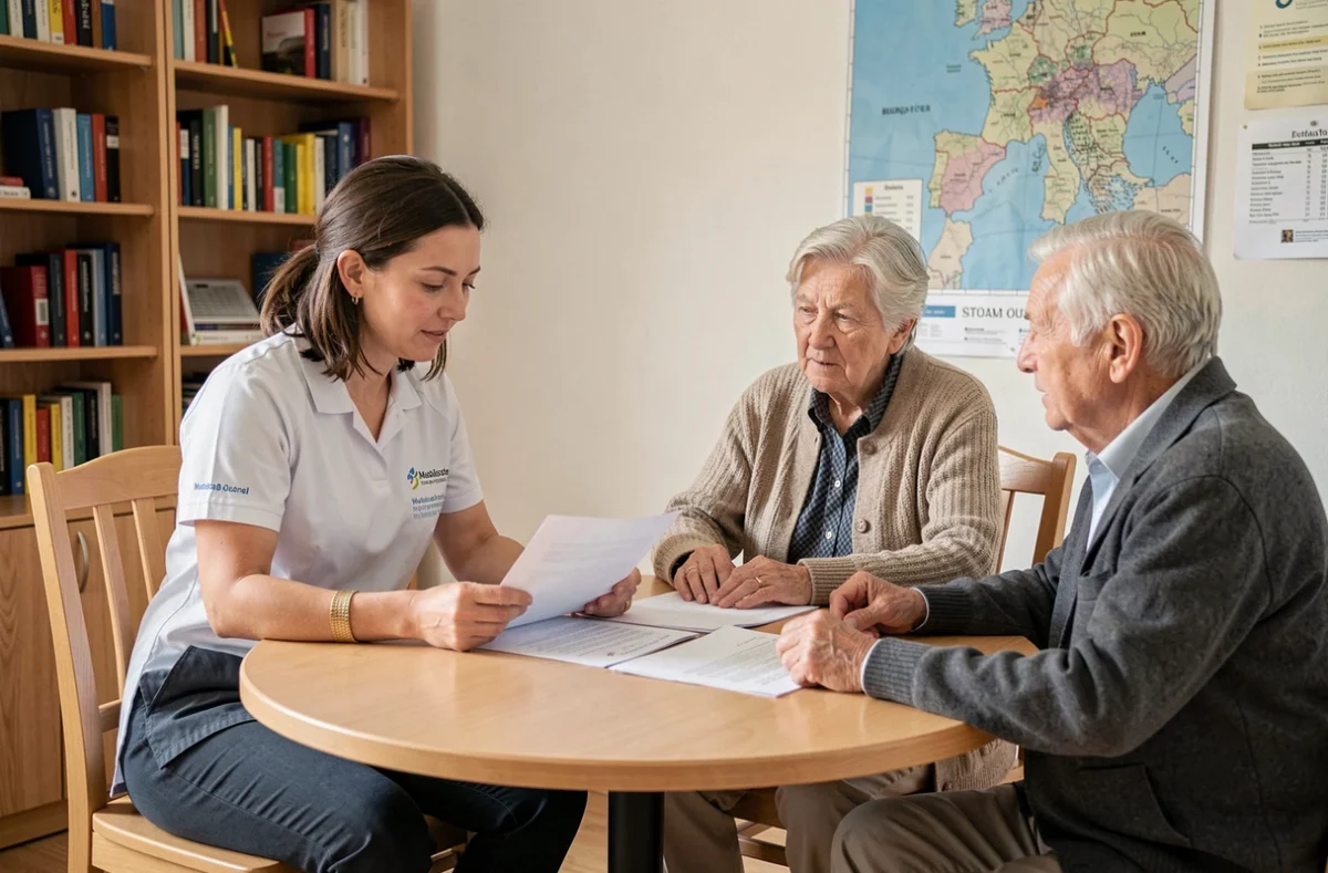 Une conseillère VYV3 Domicile présente un plan d'aide à un couple de seniors en Côte-d'Or